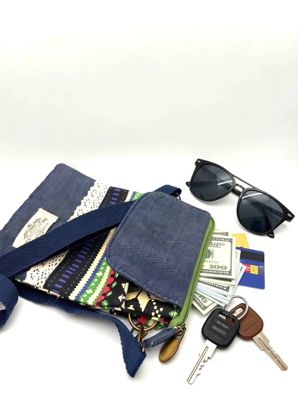 Compact Denim Canvas Crossbody Phone Bag with Bohemian Style Multicolor Trim